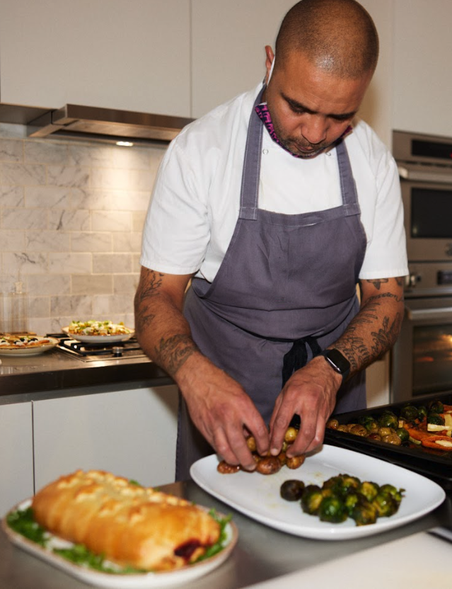 private chef cooking on Christmas day - brussel sprouts, beef wellington and roasted veggies